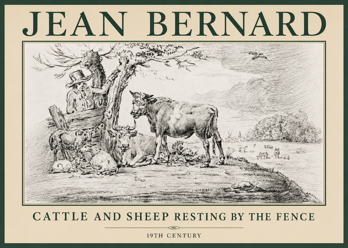 Jean Bernard Cattle and Sheep Resting by the Fence No4 - Póster