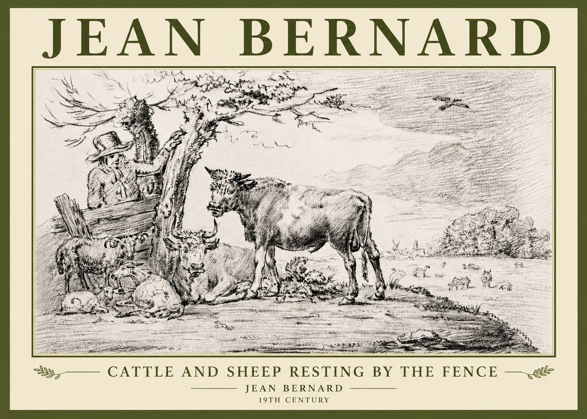 Jean Bernard Cattle and Sheep Resting by the Fence No5 - Póster