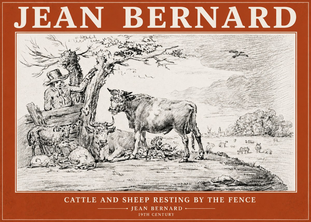 Jean Bernard Cattle and Sheep Resting by the Fence No6 - Póster