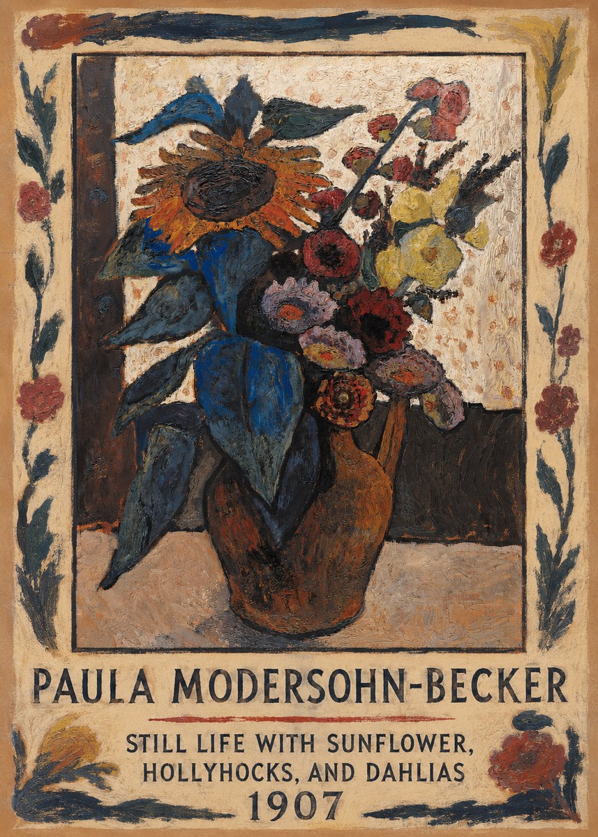 Paula Modersohn-Becker Still Life with Sunflower, Hollyhocks, and Dahlias No1 - Póster