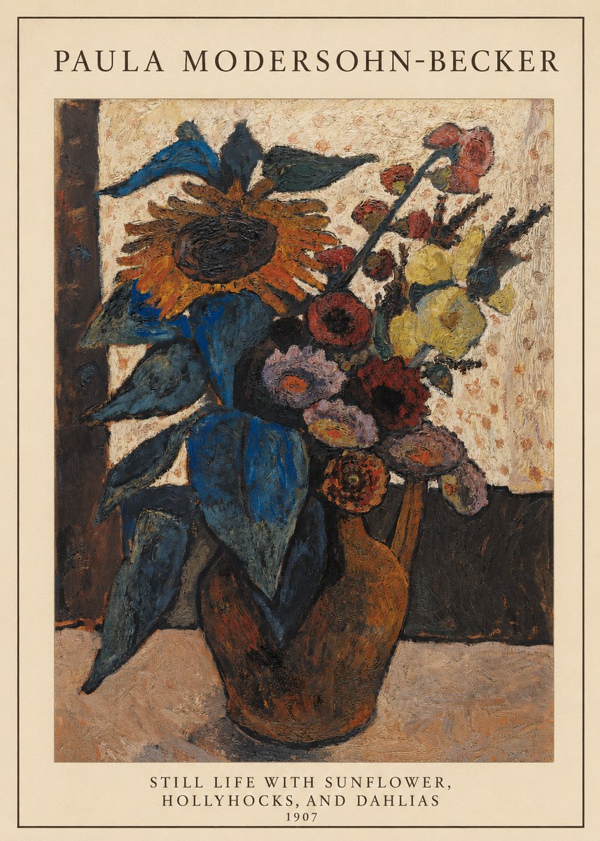 Paula Modersohn-Becker Still Life with Sunflower, Hollyhocks, and Dahlias No5 - Póster