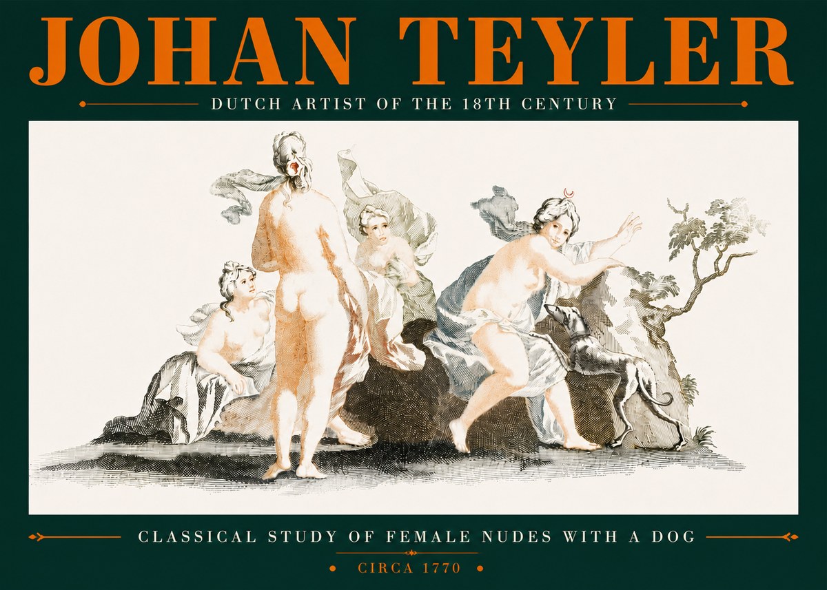 Johan Teyler Classical Study of Female Nudes with a Dog No5 - Póster
