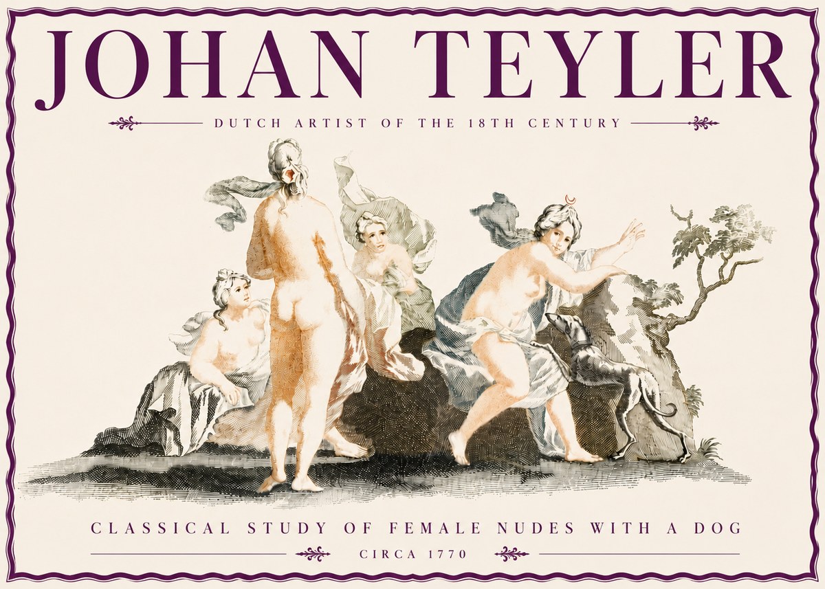 Johan Teyler Classical Study of Female Nudes with a Dog No6 - Póster