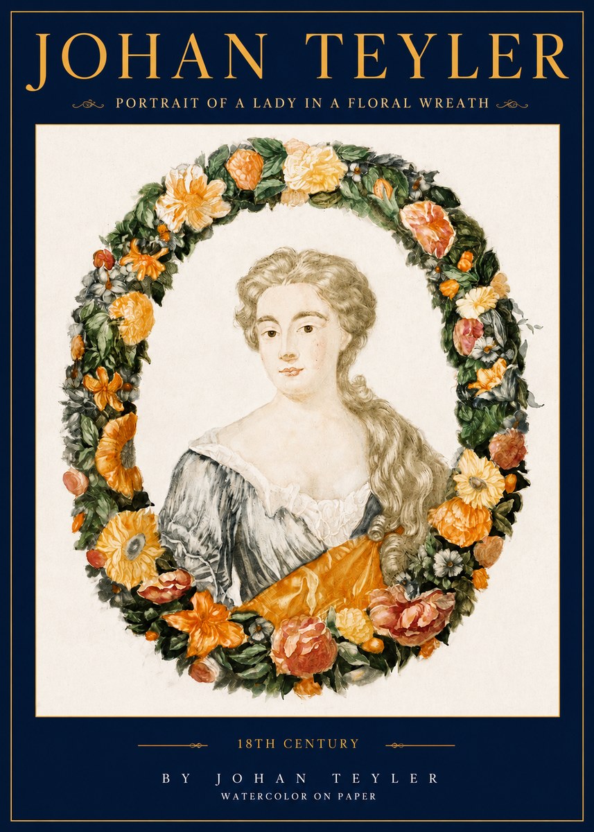 Johan Teyler Portrait of a Lady in a Floral Wreath No3 - Póster