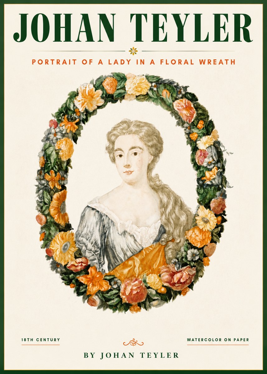Johan Teyler Portrait of a Lady in a Floral Wreath No4 - Póster