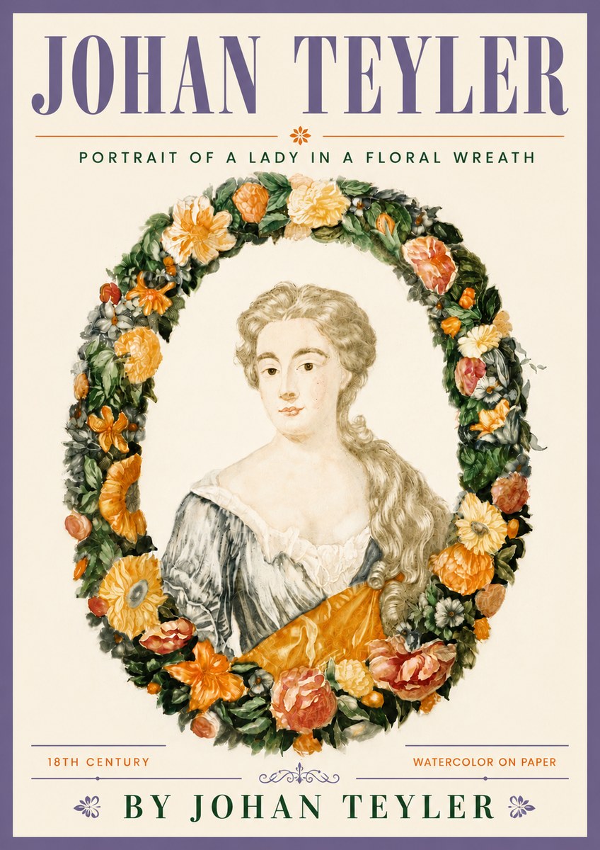 Johan Teyler Portrait of a Lady in a Floral Wreath No6 - Póster