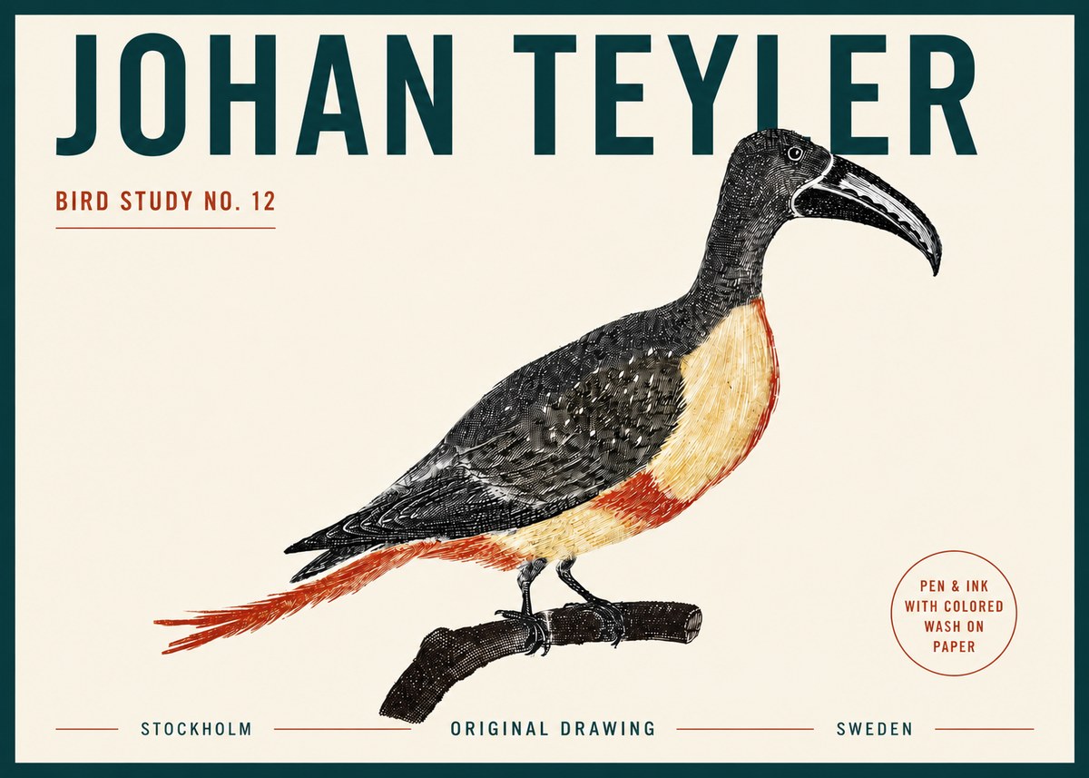 Johan Teyler Bird Study No. 12 - Original Drawing No5 - Póster