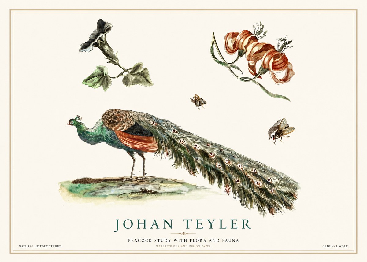 Johan Teyler Peacock Study with Flora and Fauna No1 - Póster