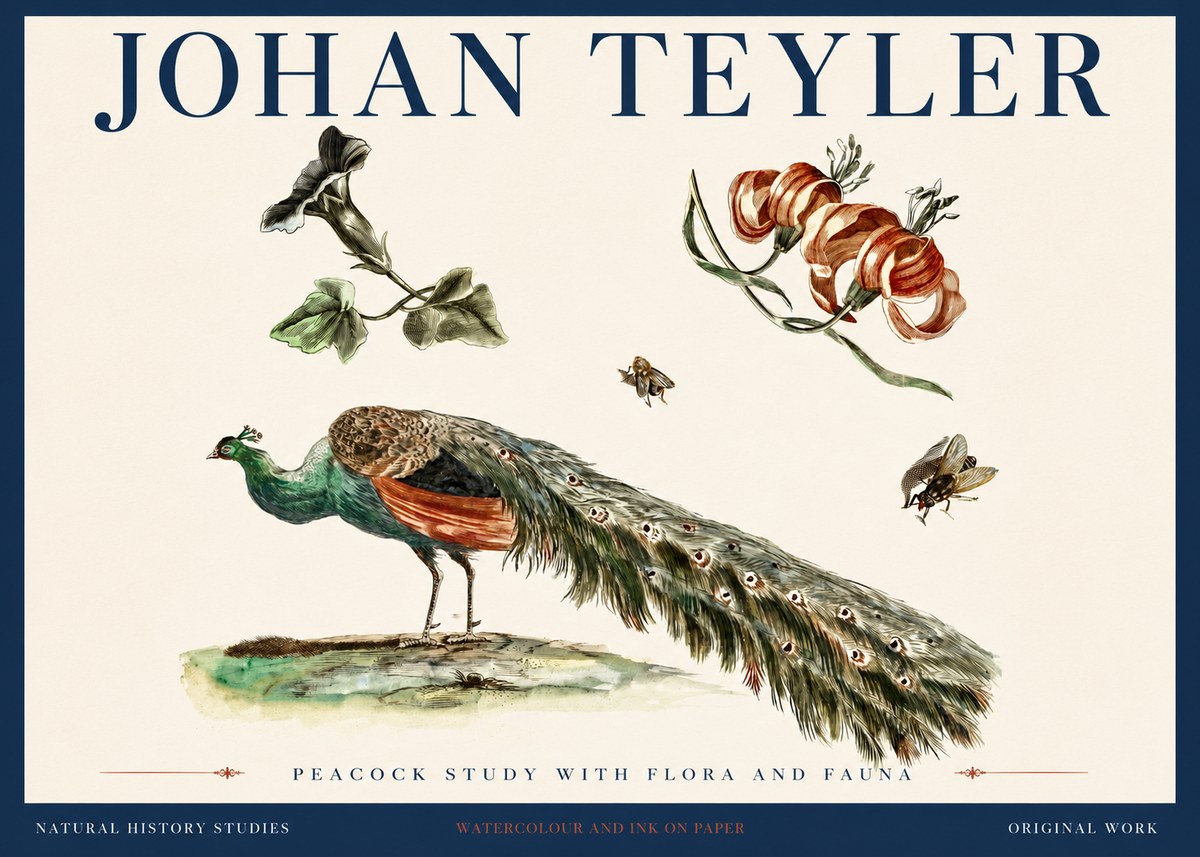 Johan Teyler Peacock Study with Flora and Fauna No4 - Póster