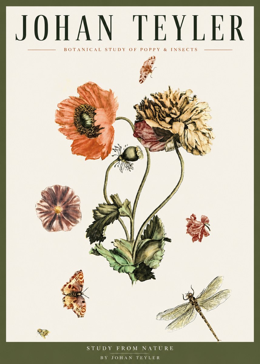 Johan Teyler Botanical Study of Poppy & Insects No3 - Póster