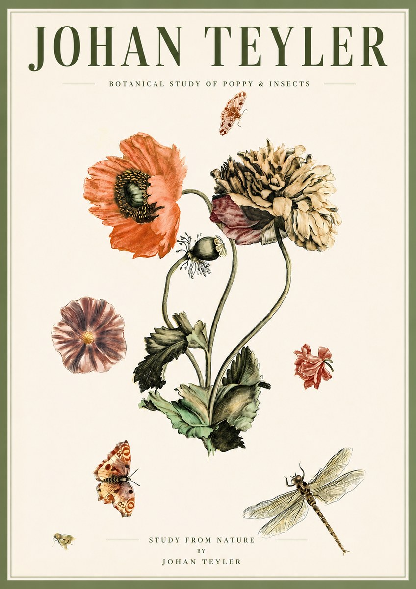 Johan Teyler Botanical Study of Poppy & Insects No5 - Póster