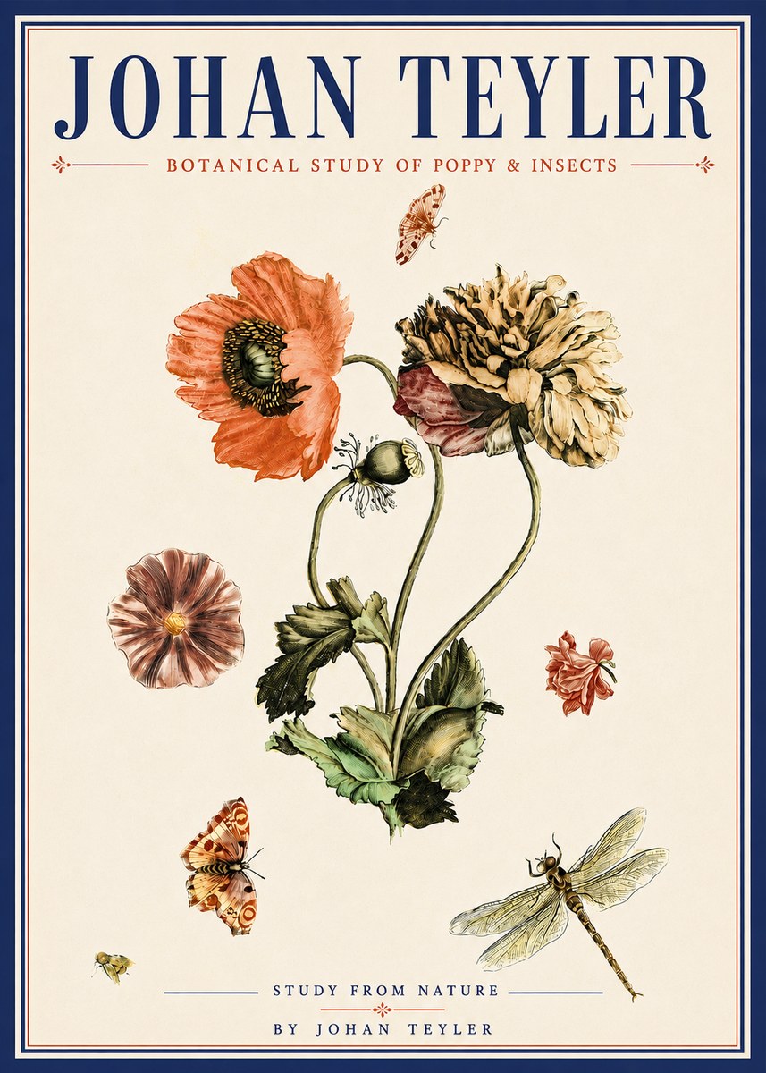 Johan Teyler Botanical Study of Poppy & Insects No6 - Póster