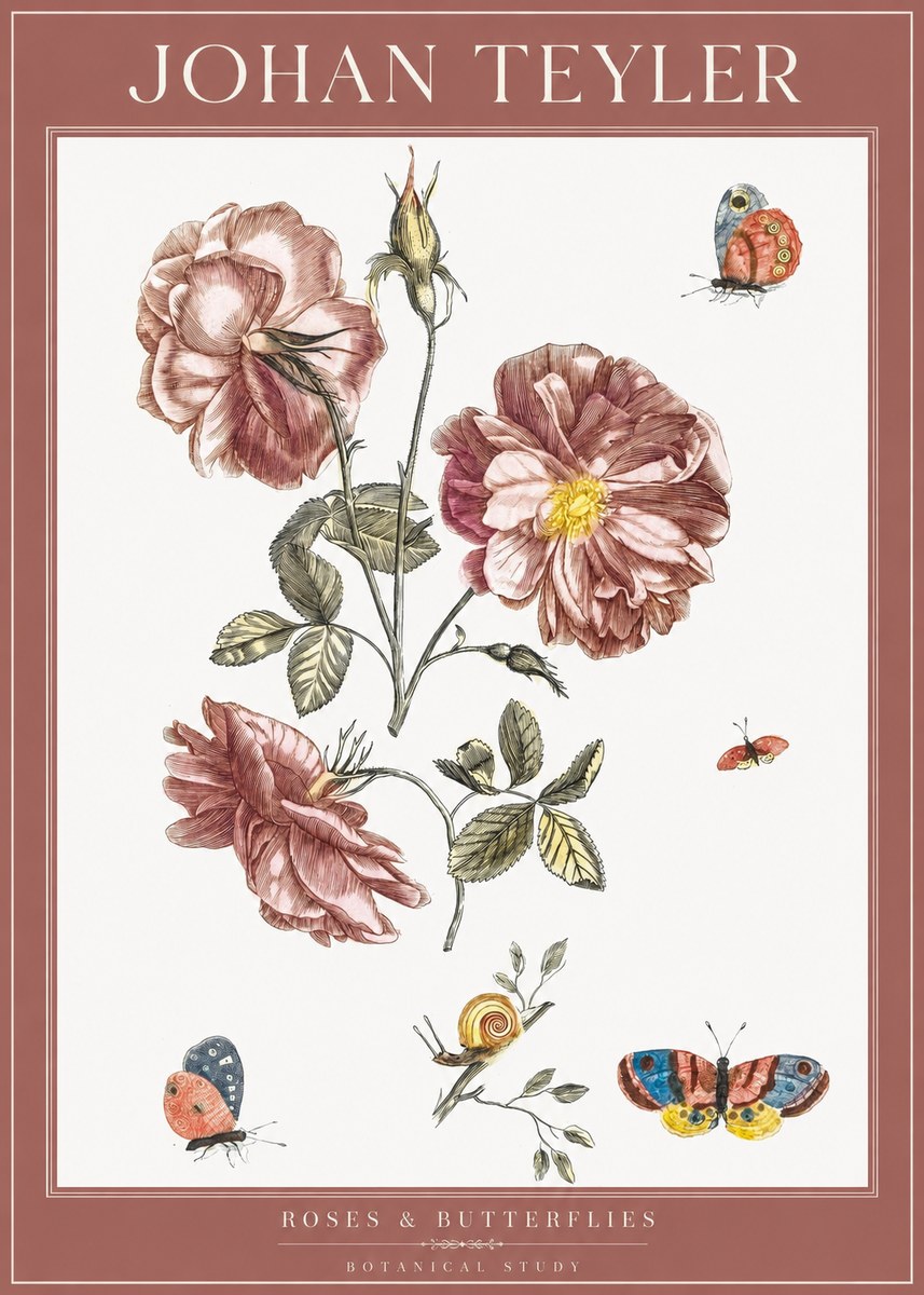 Johan Teyler Roses & Butterflies - Botanical Study No1 - Póster