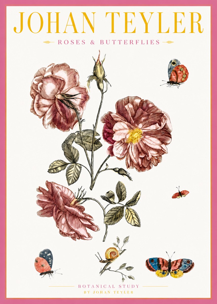 Johan Teyler Roses & Butterflies - Botanical Study No3 - Póster