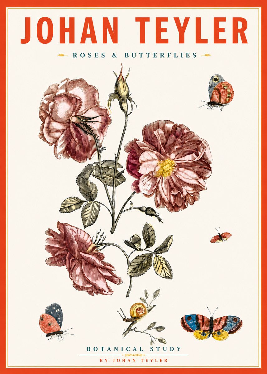 Johan Teyler Roses & Butterflies - Botanical Study No5 - Póster