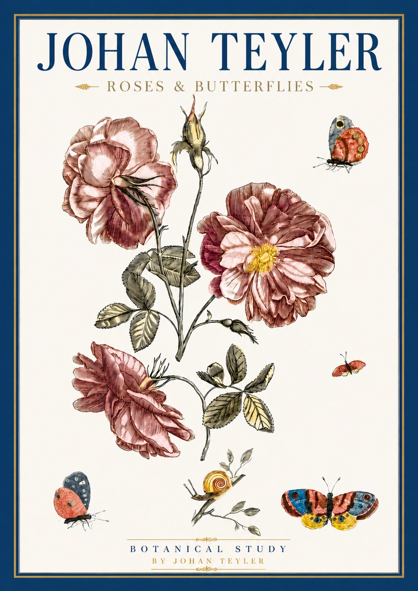 Johan Teyler Roses & Butterflies - Botanical Study No6 - Póster