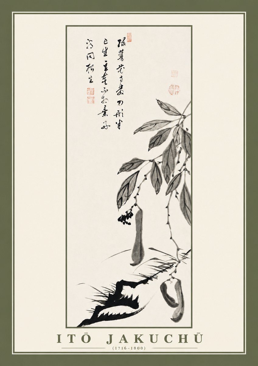 Itō Jakuchū Branch with Pods and Calligraphy No2 - Póster