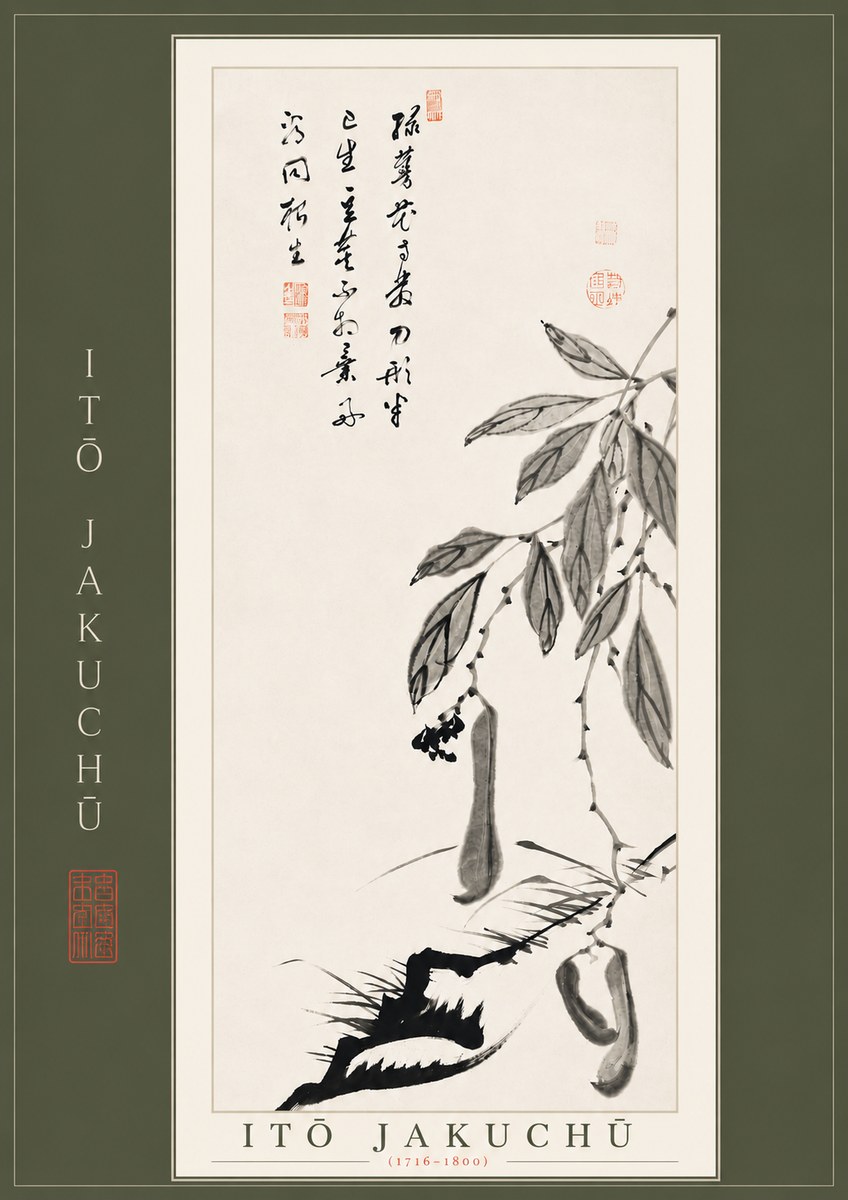 Itō Jakuchū Branch with Pods and Calligraphy No4 - Póster