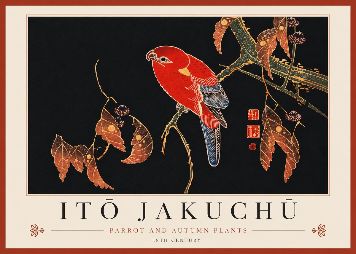 Itō Jakuchū Parrot and Autumn Plants No3 - Póster
