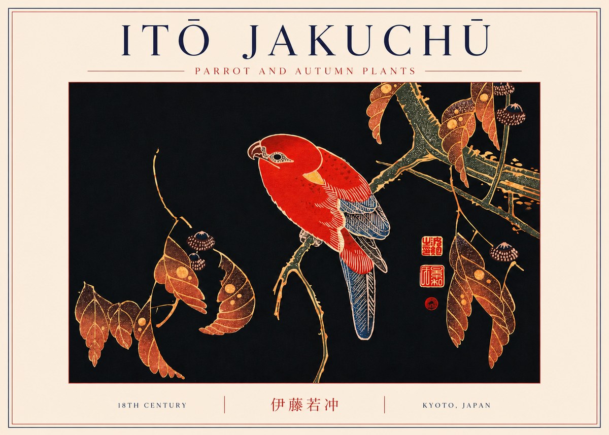 Itō Jakuchū Parrot and Autumn Plants No6 - Póster