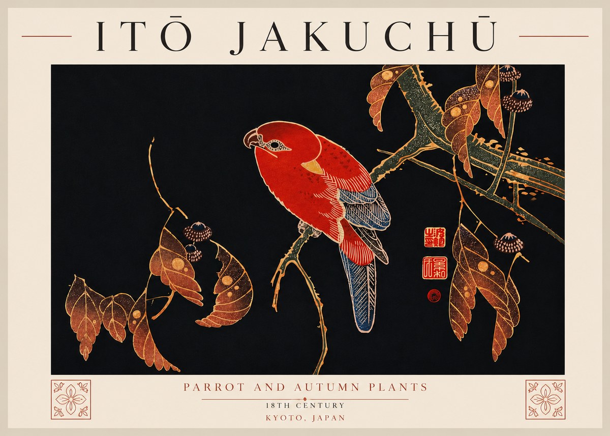 Itō Jakuchū Parrot and Autumn Plants No7 - Póster