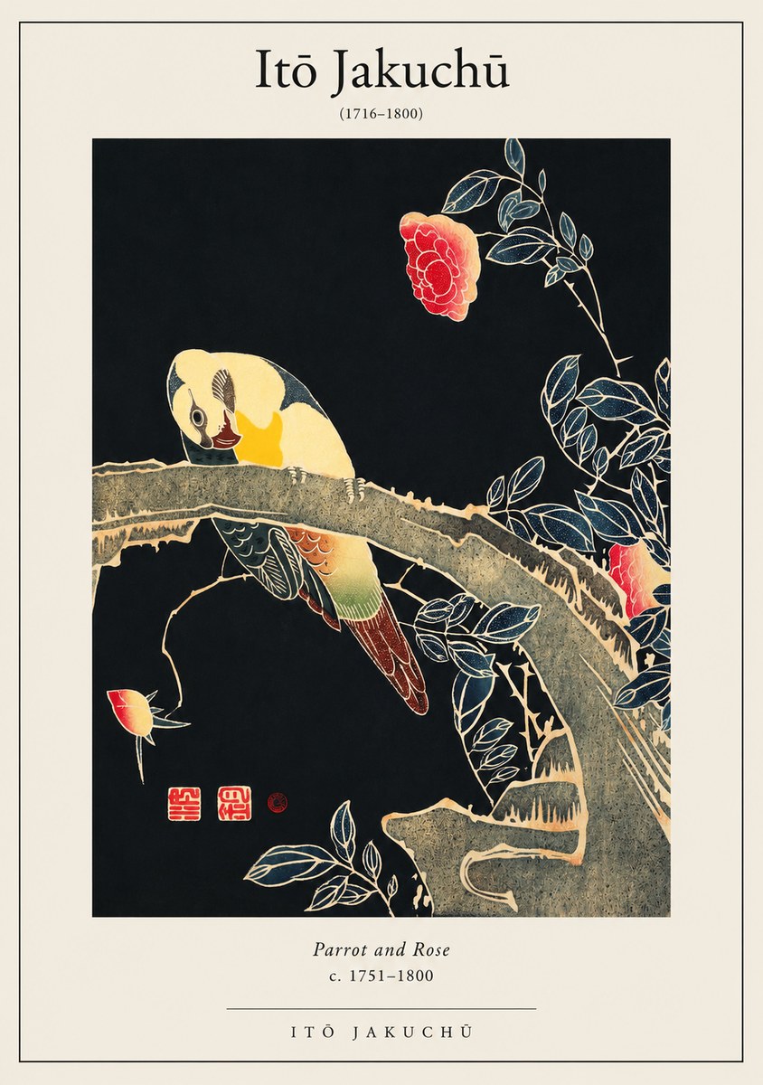 Itō Jakuchū Parrot and Rose No1 - Póster