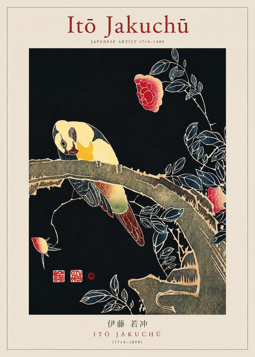 Itō Jakuchū Parrot and Rose No3 - Póster
