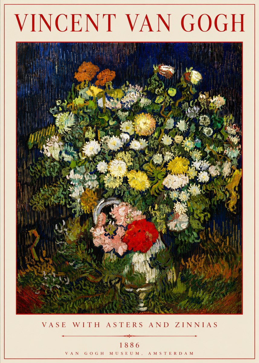 Van Gogh Vase with Asters and Zinnias No6 - Póster