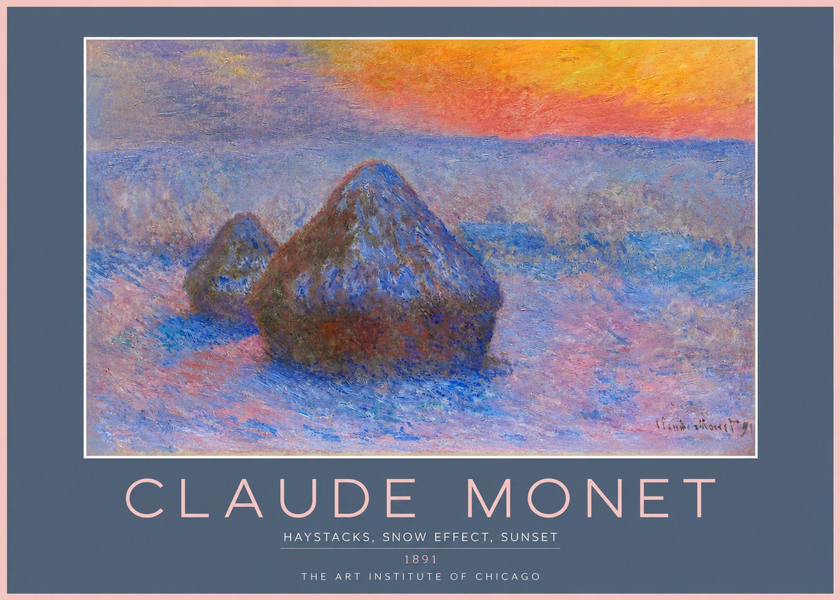 Monet Haystacks, Snow Effect, Sunset No2 - Póster