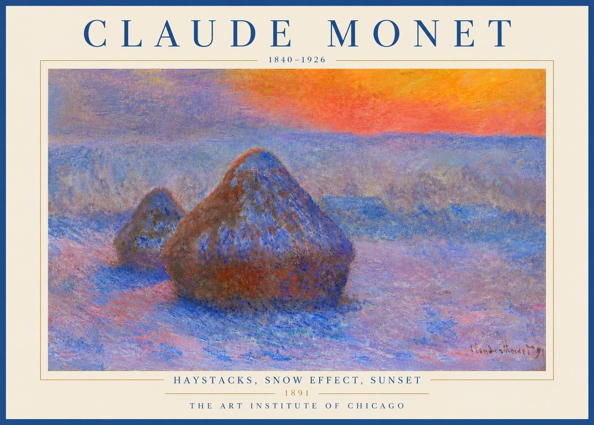 Monet Haystacks, Snow Effect, Sunset No5 - Póster