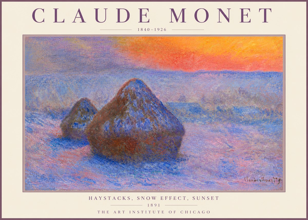 Monet Haystacks, Snow Effect, Sunset No6 - Póster
