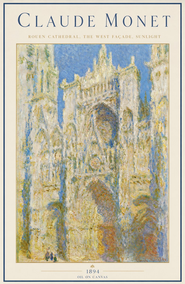 Monet Rouen Cathedral, the West Façade, Sunlight No3 - Póster