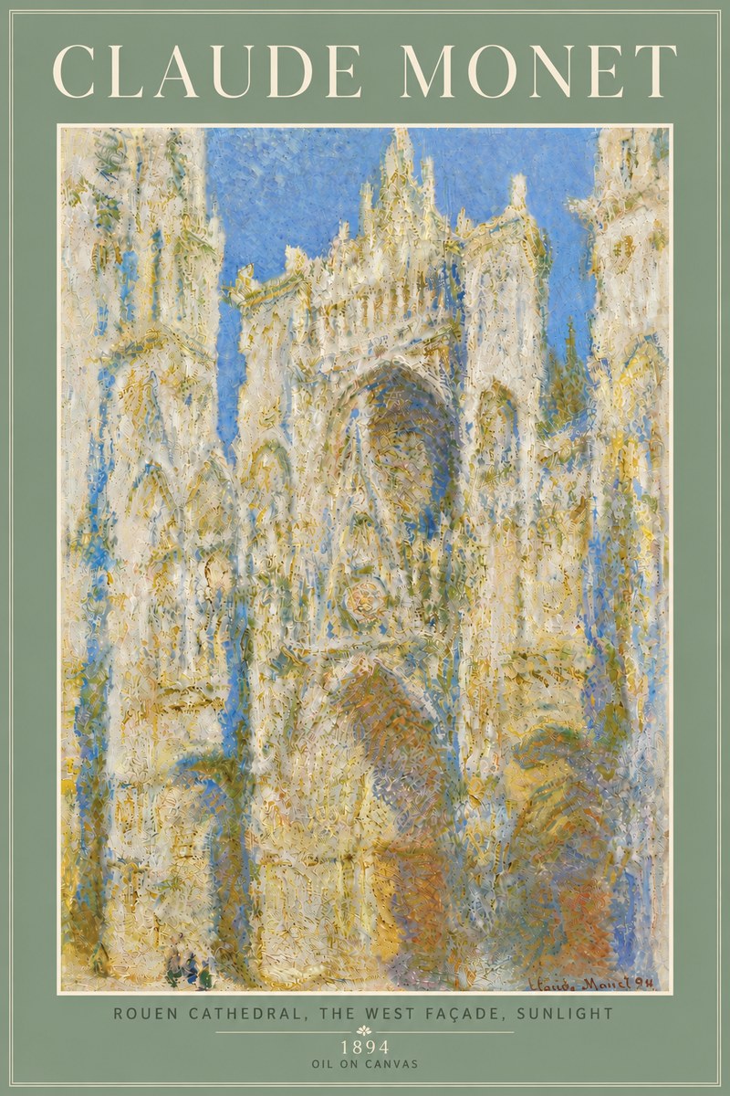 Monet Rouen Cathedral, the West Façade, Sunlight No6 - Póster
