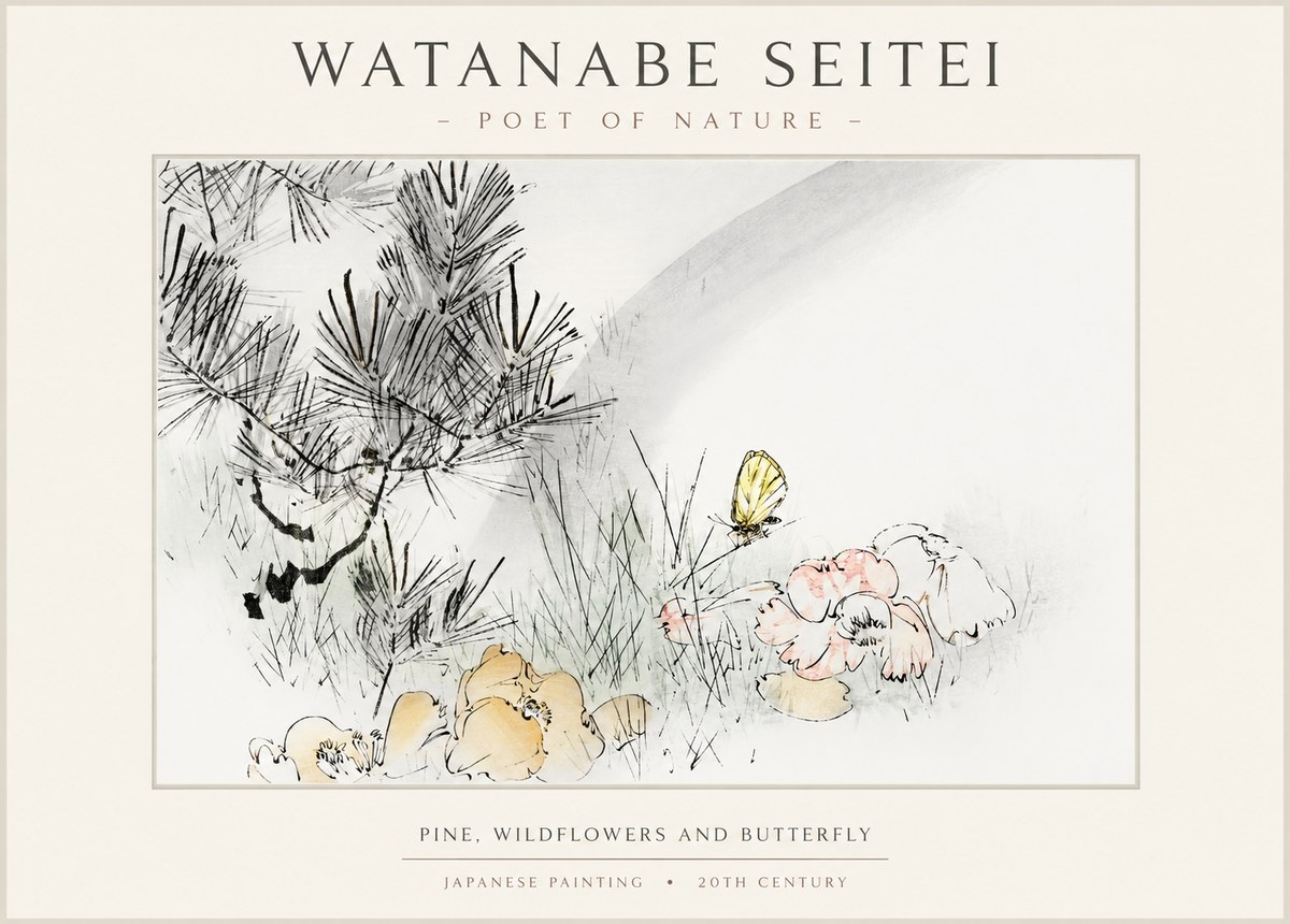 Watanabe Seitei Pine, Wildflowers and Butterfly No1 - Póster