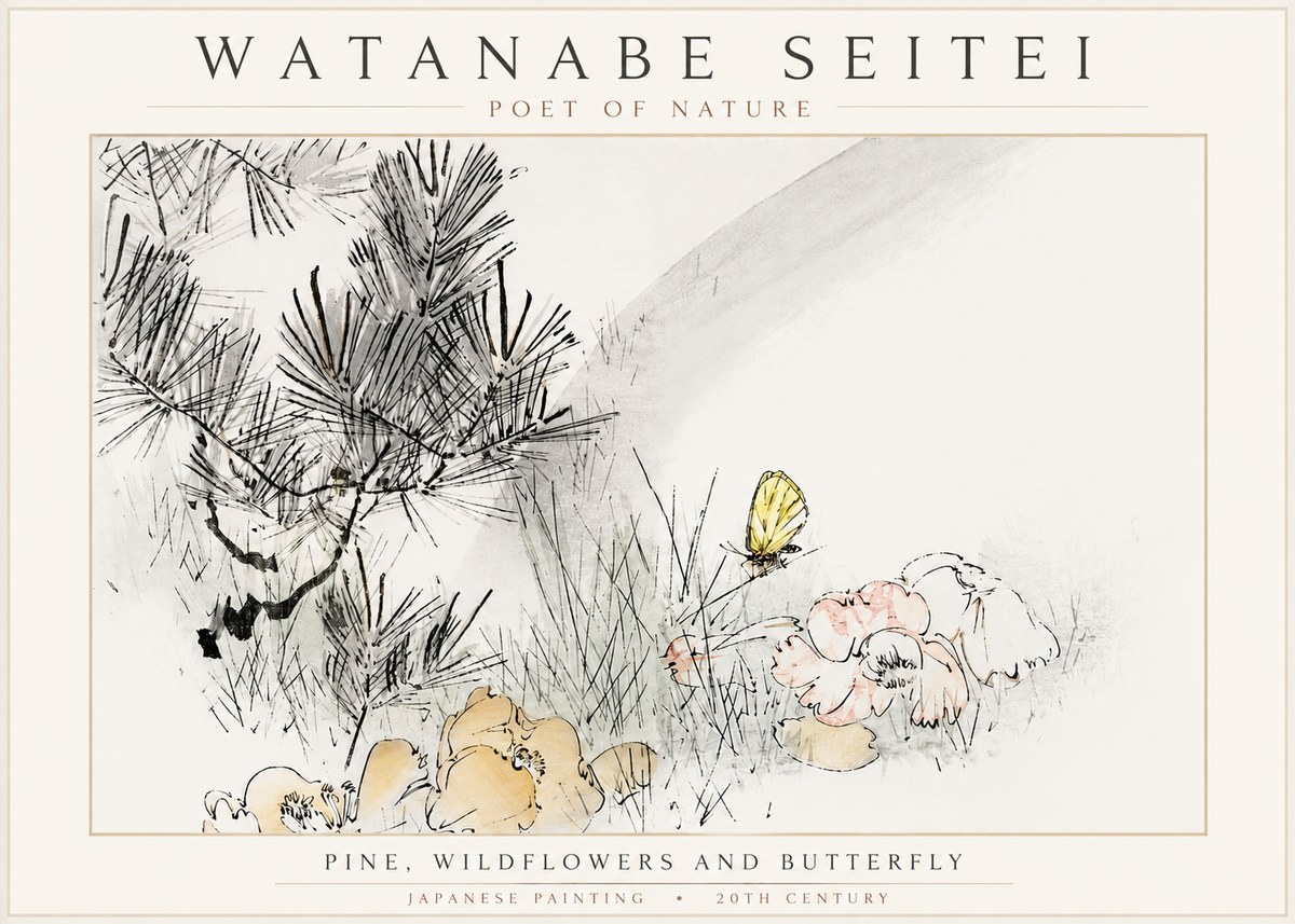 Watanabe Seitei Pine, Wildflowers and Butterfly No3 - Póster