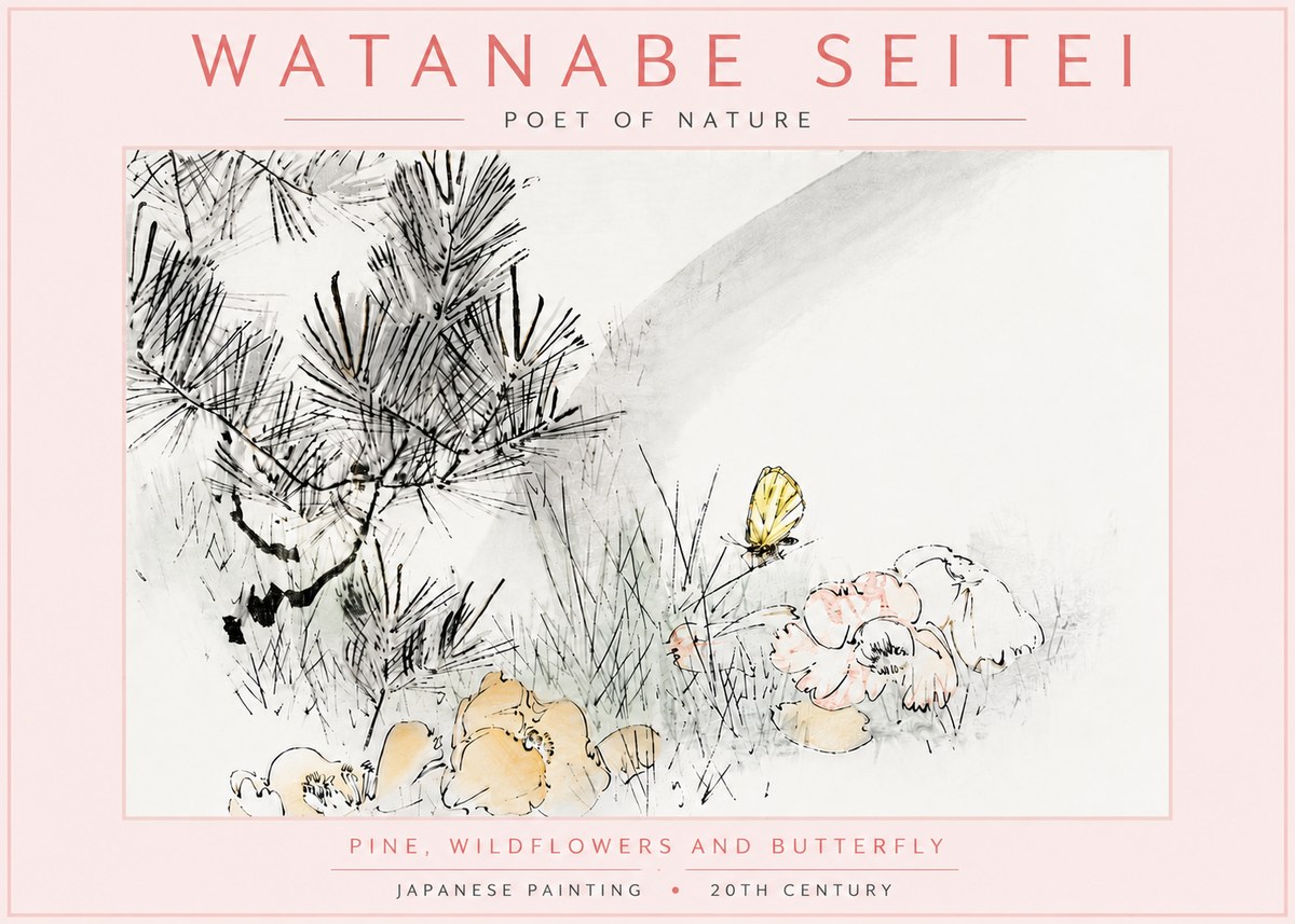 Watanabe Seitei Pine, Wildflowers and Butterfly No6 - Póster