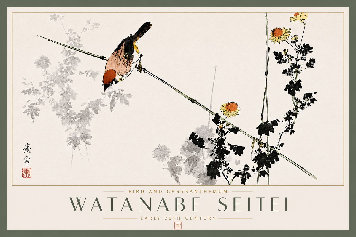 Watanabe Seitei Bird and Chrysanthemum No5 - Póster