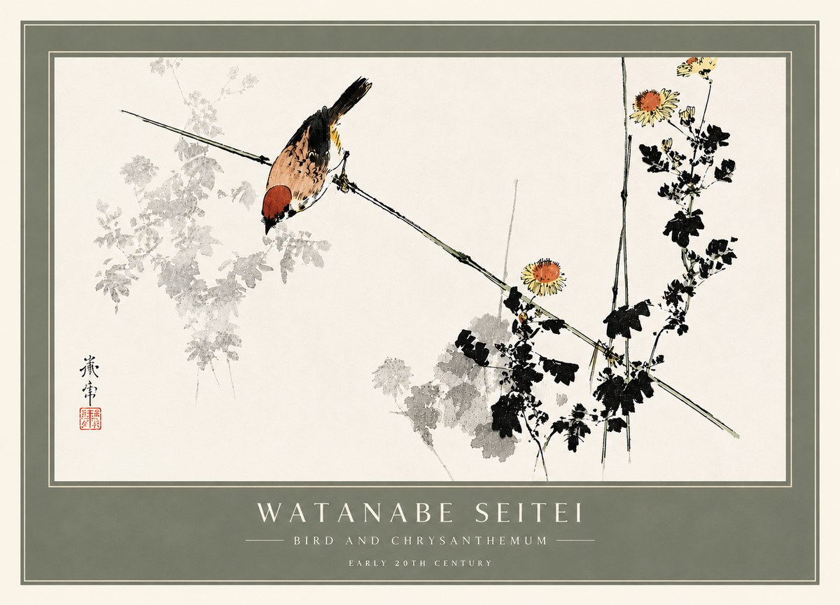 Watanabe Seitei Bird and Chrysanthemum No6 - Póster
