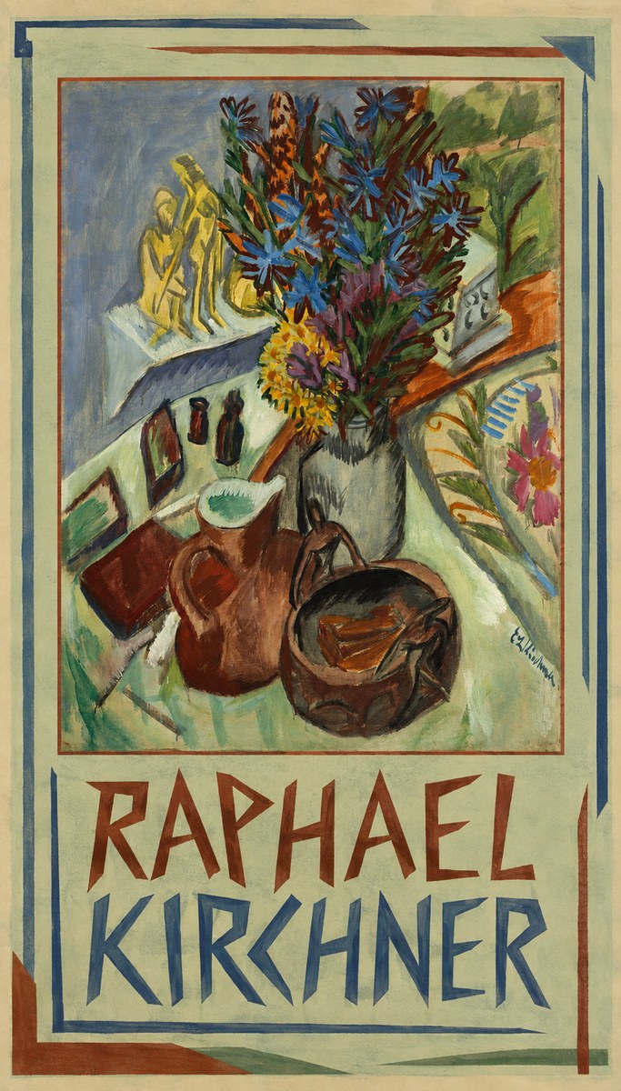 Raphael Kirchner Still Life with Blue Flowers and Figurines No1 - Póster