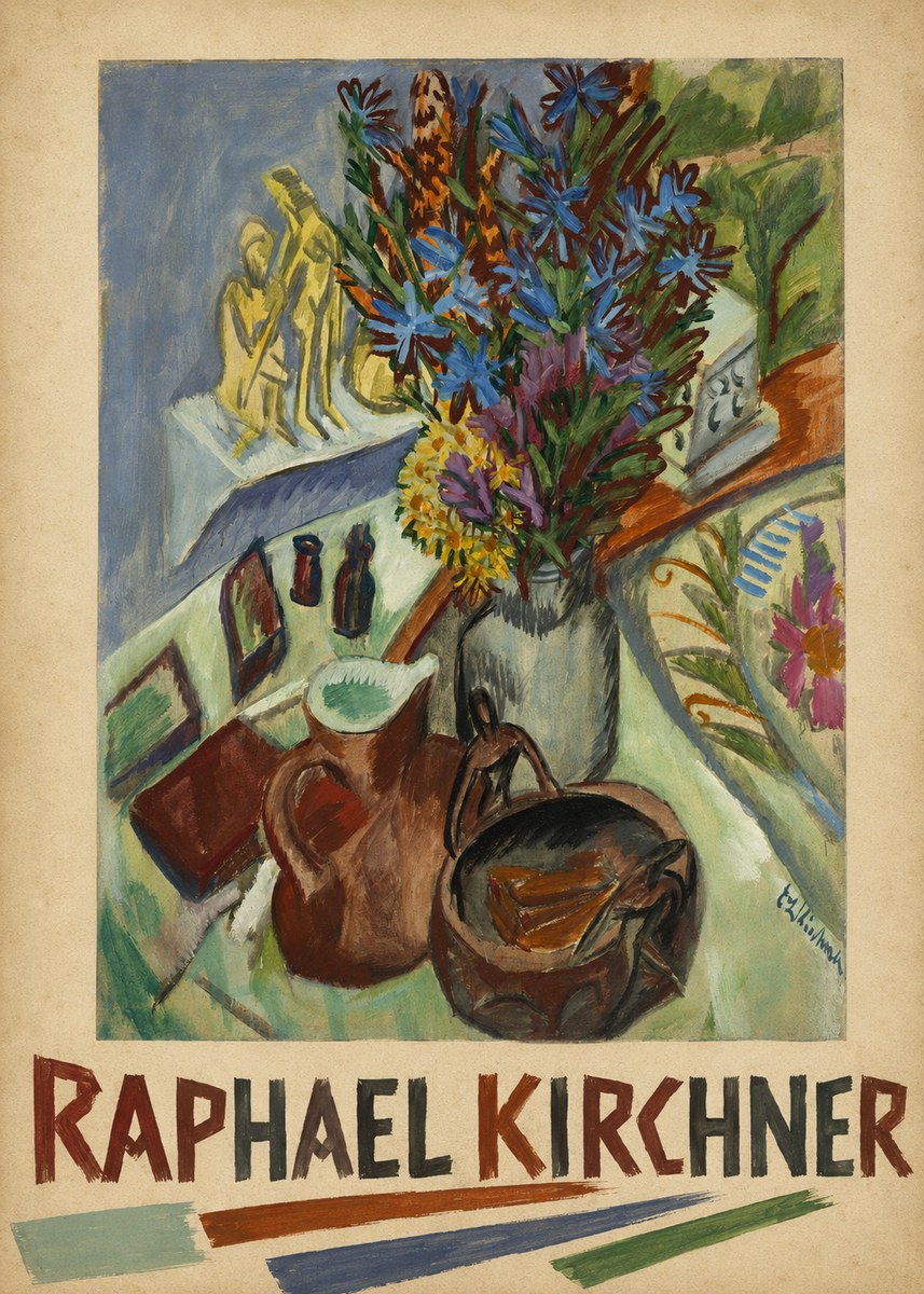 Raphael Kirchner Still Life with Blue Flowers and Figurines No6 - Póster