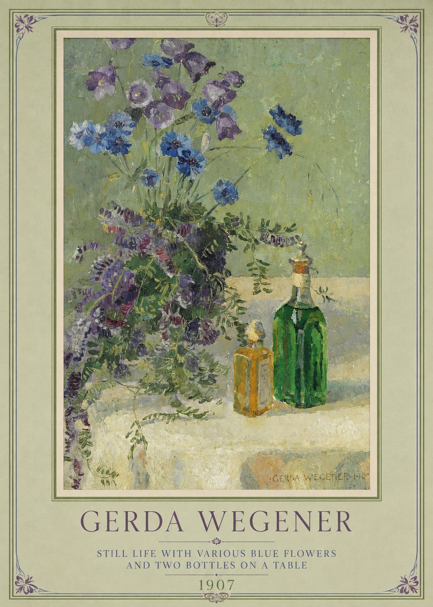 Gerda Wegener Still Life with Various Blue Flowers and Two Bottles on a Table No1 - Póster