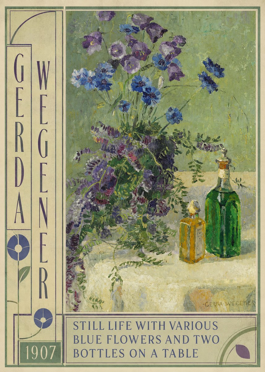 Gerda Wegener Still Life with Various Blue Flowers and Two Bottles on a Table No4 - Póster