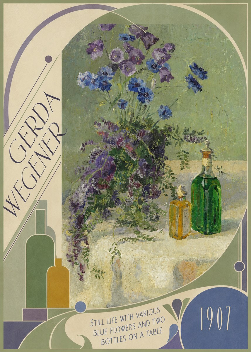 Gerda Wegener Still Life with Various Blue Flowers and Two Bottles on a Table No6 - Póster