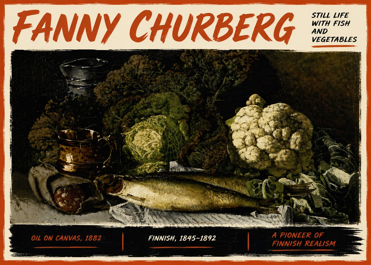 Fanny Churberg Still Life with Fish and Vegetables No6 - Póster