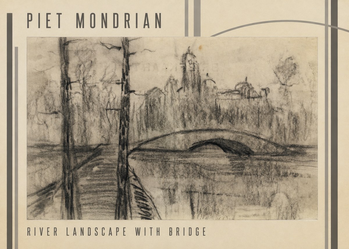 Piet Mondrian River Landscape with Bridge No3 - Póster