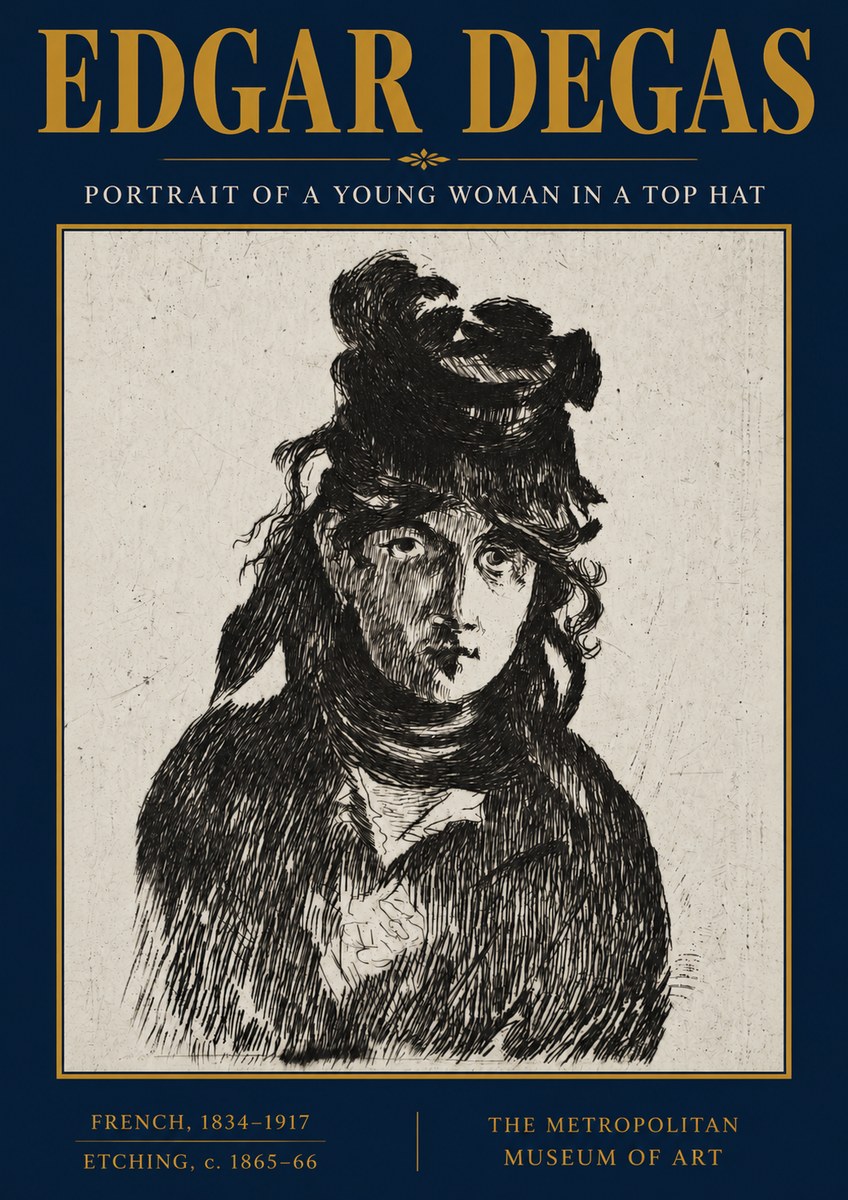 Edgar Degas Portrait of a Young Woman in a Top Hat No3 - Póster