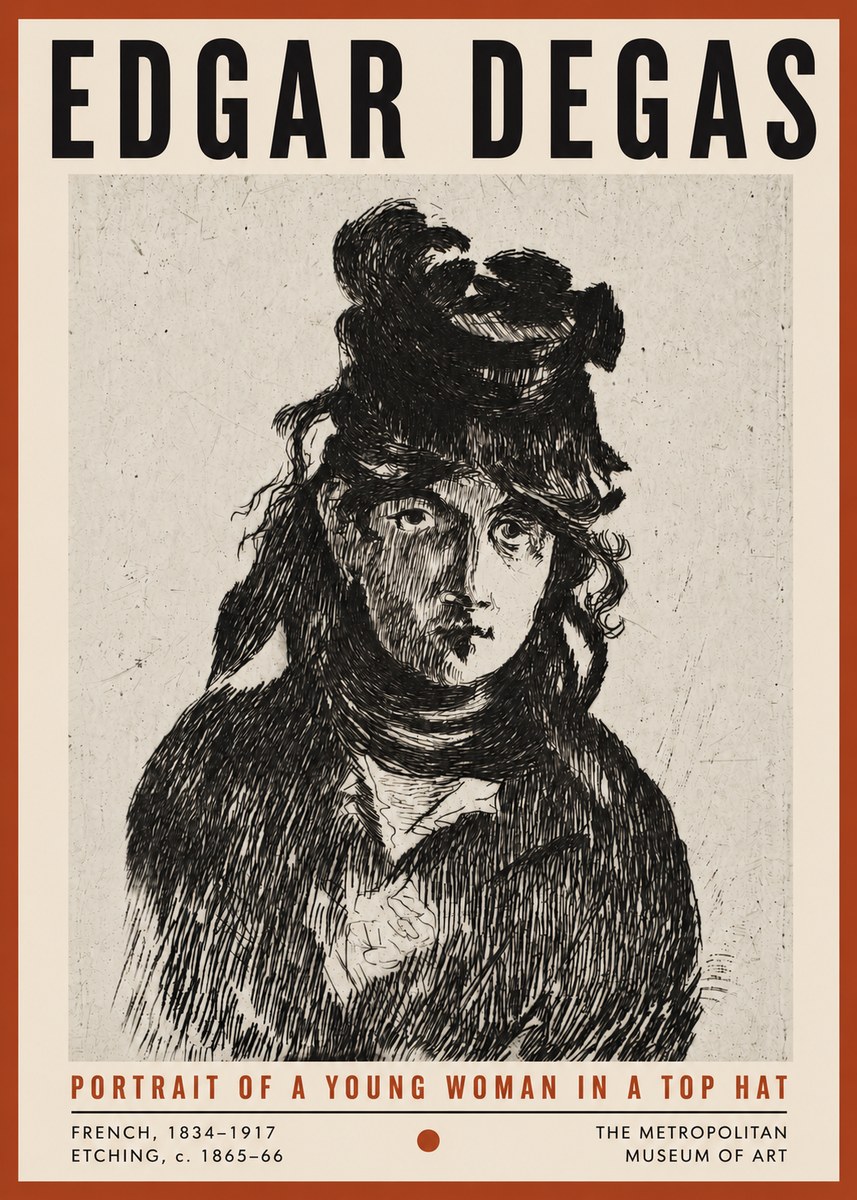 Edgar Degas Portrait of a Young Woman in a Top Hat No4 - Póster
