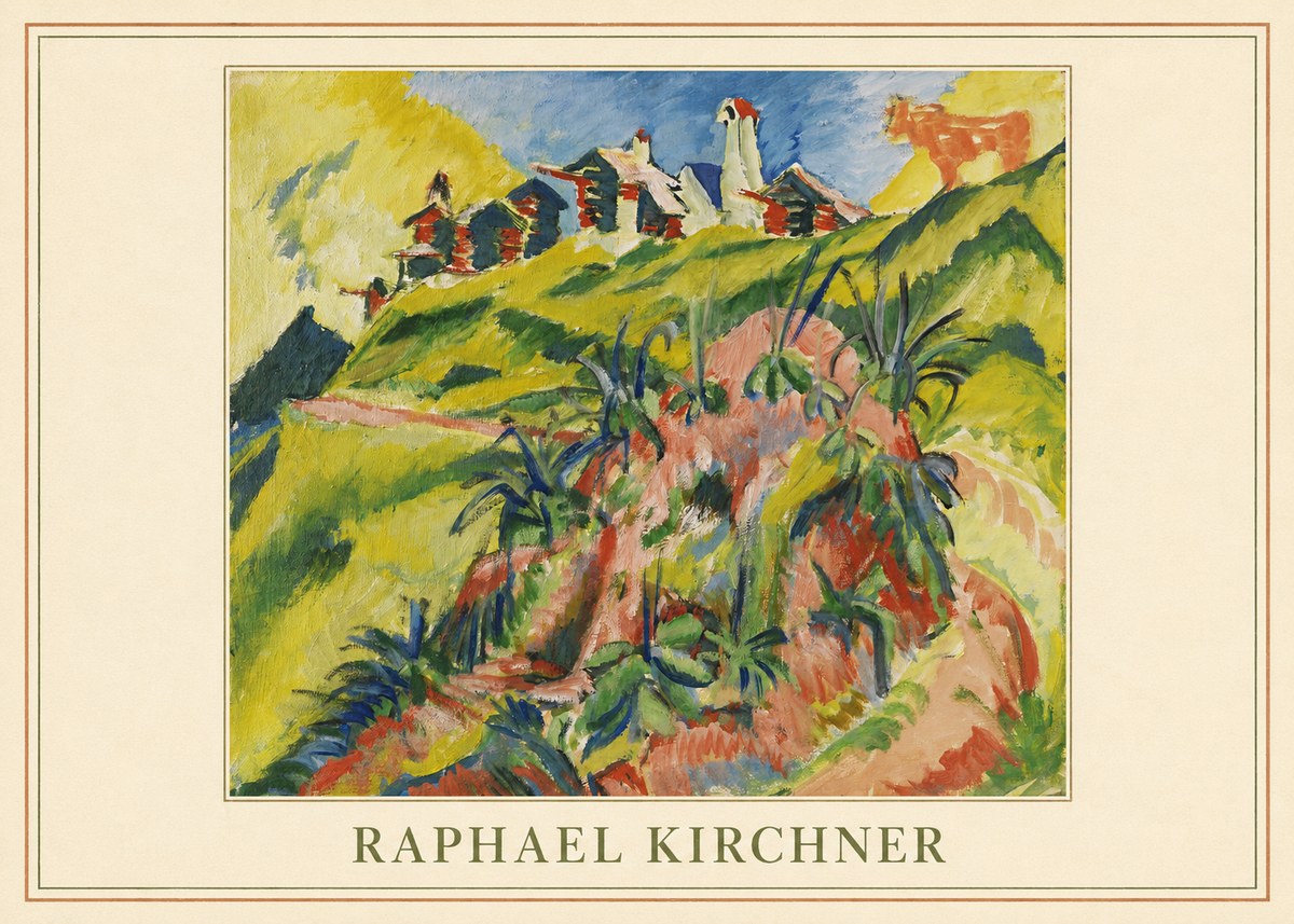 Raphael Kirchner Hillside Dwellings with Alpine Cow No4 - Póster