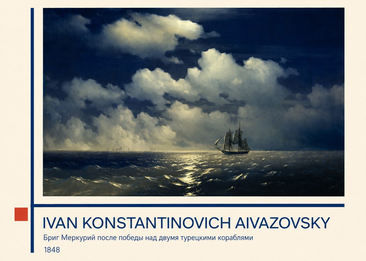 Ivan Konstantinovich Aivazovsky Бриг Меркурий После Победы Над Двумя Турецкими Кораблями No3 - Póster