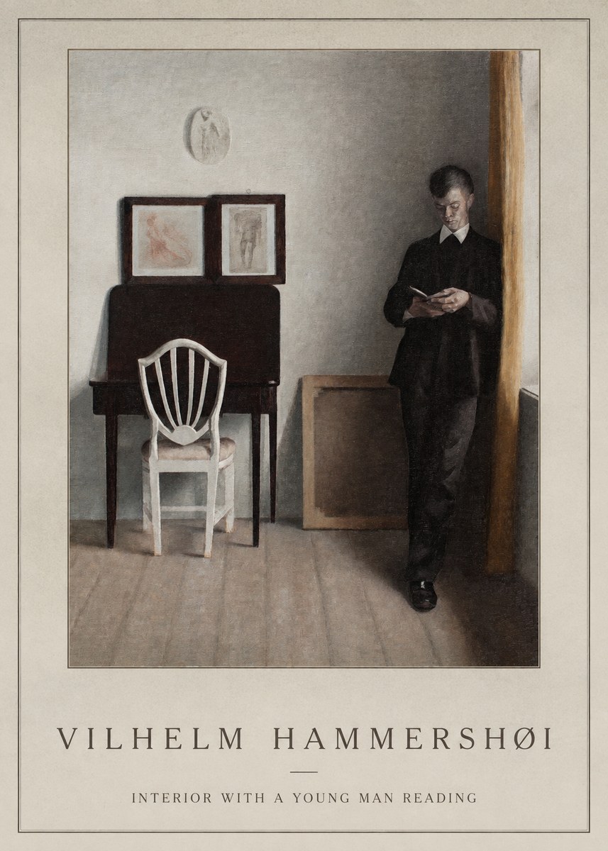 Vilhelm Hammershøi Interior with a Young Man Reading No1 - Póster